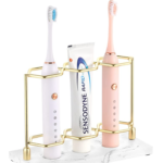 Resin Electric Toothbrush Holder with 3 Slots 2 Layers, Non-Slip Bathroom Accessories Organizer Toothbrush Toothpaste Razor Cleanser, Gold + Marble White